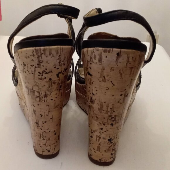 Rue21 Etc! Black Strappy Sandals with Brown Patchwork Print Wedges Shoes size L - Picture 5 of 6